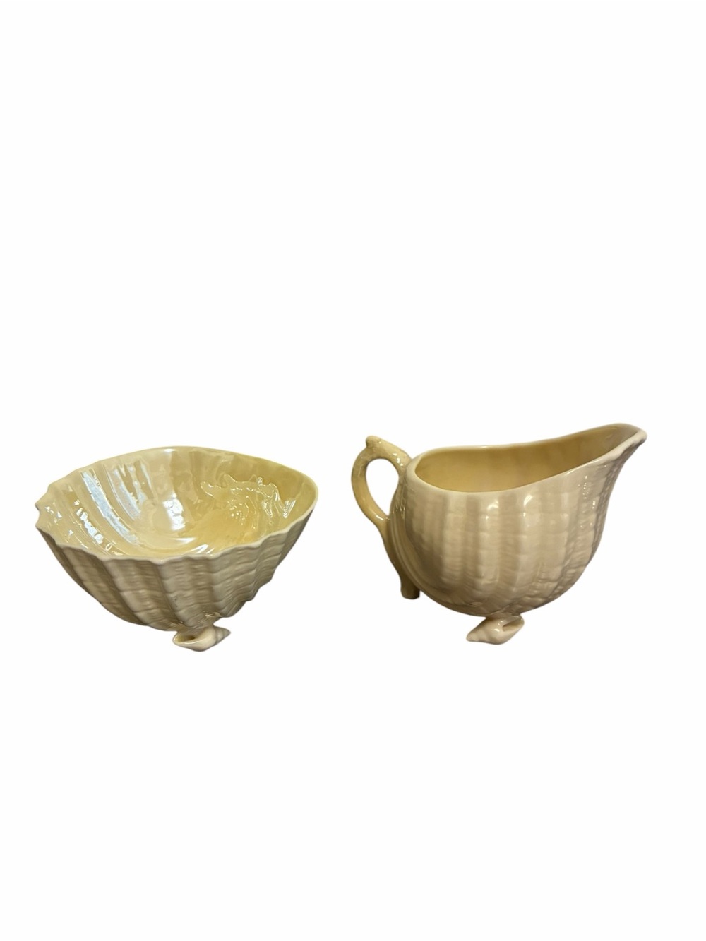 Belleek Neptune Cream and Sugar Set Shell Design Cream Parian China Green Mark